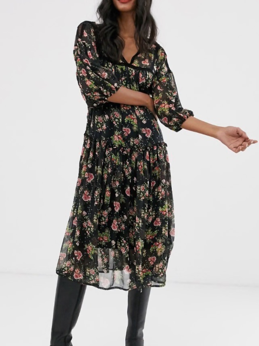 stradivarius Black Floral Midi Dress with Pink and Green Print